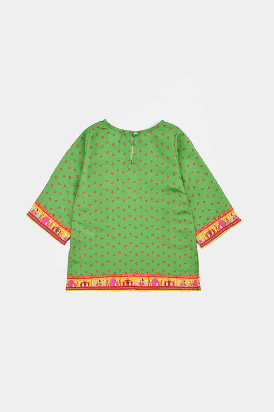Infant Girls Polyester Printed Kurti Coconut Tree- Light Green