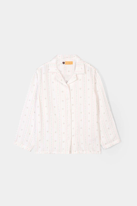 Girls Linen Viscose Nightwear Pink Floral Stripe - White/Pink