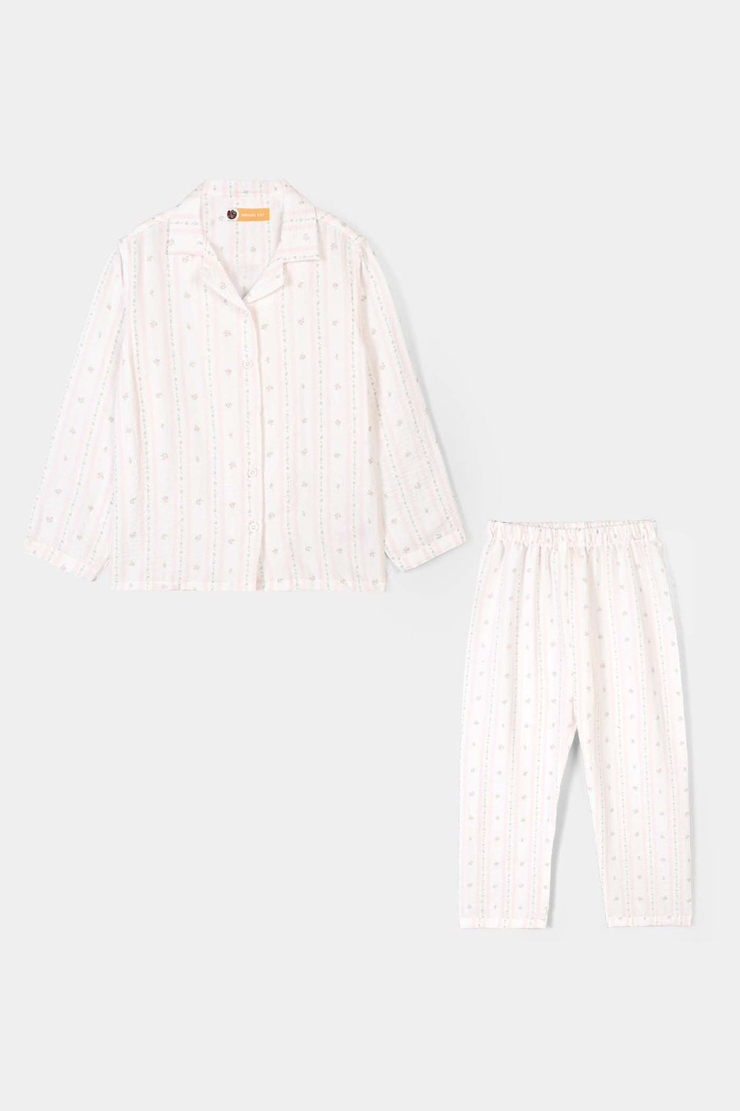 Girls Linen Viscose Nightwear Pink Floral Stripe - White/Pink