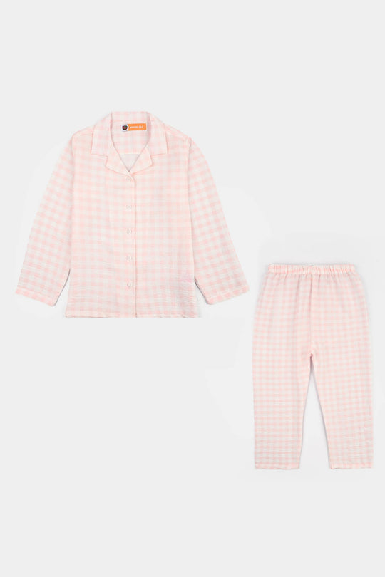 Girls Linen Viscose Nightwear Checkered - Light Pink
