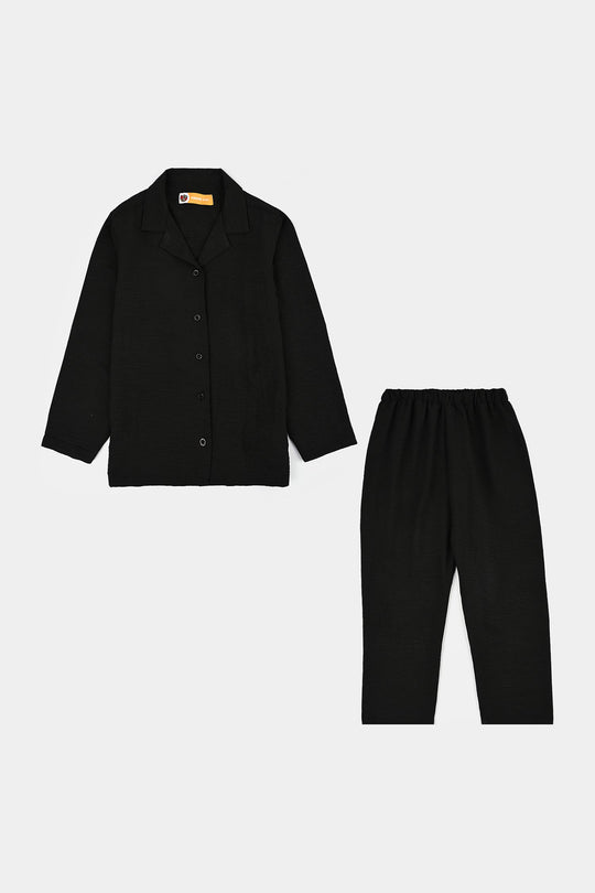 Girls Linen Viscose Nightwear-Wavy-BLACK