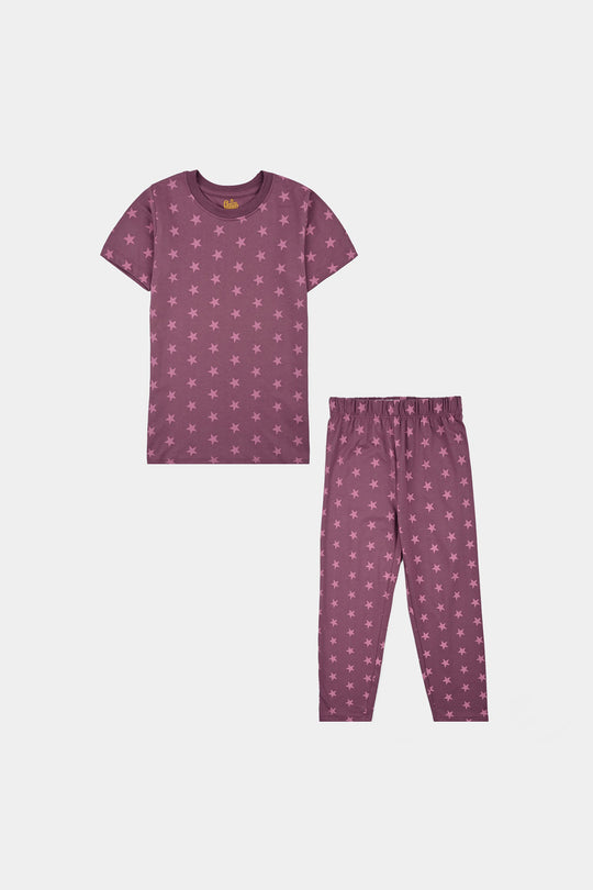 Girls Poly Cotton Jersey Night Suit Stars-Purple