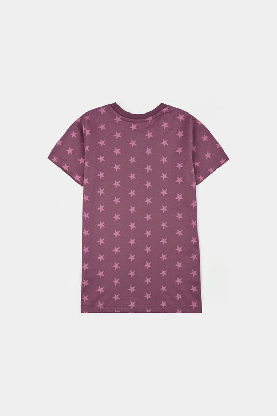 Girls Poly Cotton Jersey Night Suit Stars-Purple