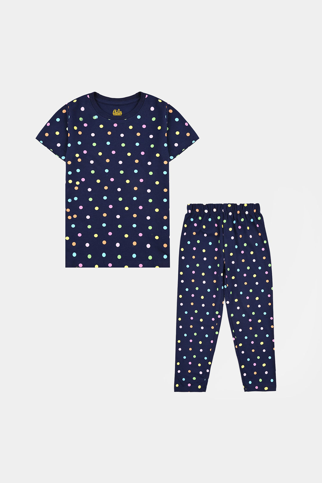 Girls Poly Cotton Jersey Night Suit Polka Dots-Navy Blue