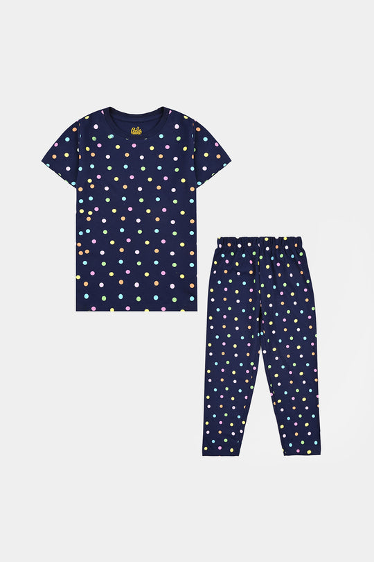 Girls Poly Cotton Jersey Night Suit Polka Dots-Navy Blue