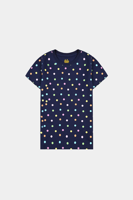 Girls Poly Cotton Jersey Night Suit Polka Dots-Navy Blue