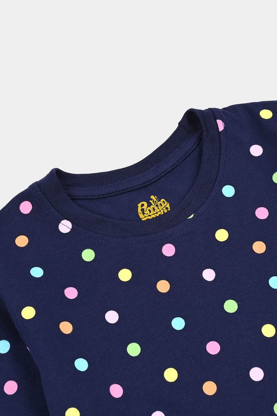 Girls Poly Cotton Jersey Night Suit Polka Dots-Navy Blue