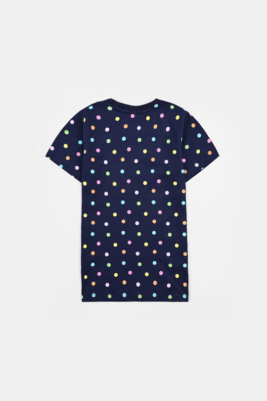 Girls Poly Cotton Jersey Night Suit Polka Dots-Navy Blue