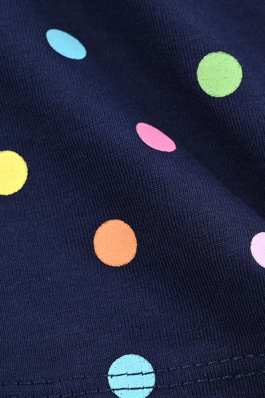 Girls Poly Cotton Jersey Night Suit Polka Dots-Navy Blue