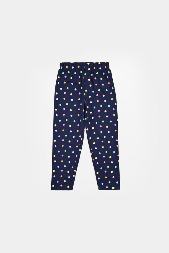 Girls Poly Cotton Jersey Night Suit Polka Dots-Navy Blue