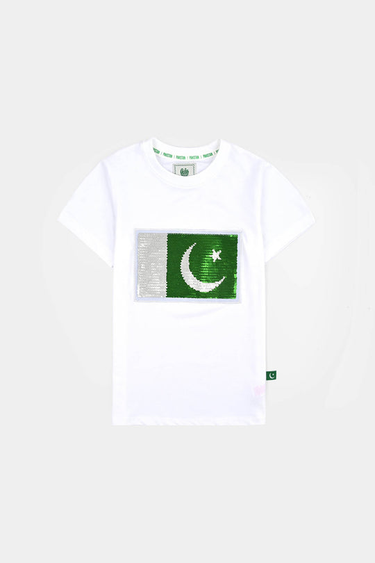 Boys White Sequins Flag T-Shirt – White