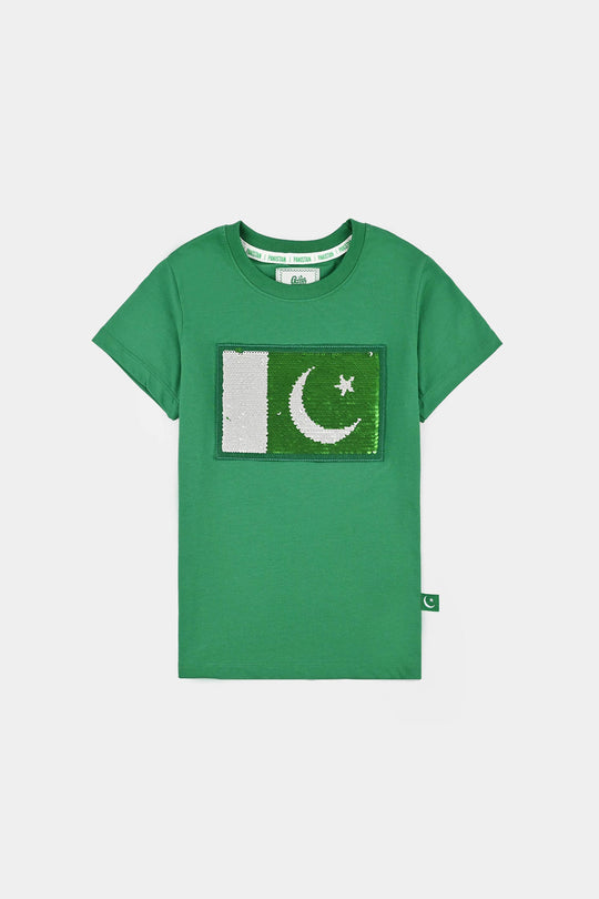 Boys Sequins Flag T-Shirt - Green