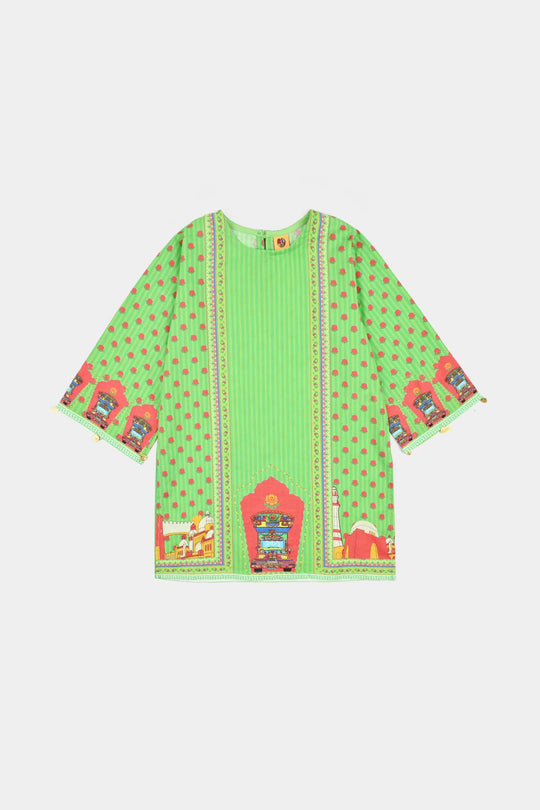 Girls Cotton Independence Kurti Rose-Green