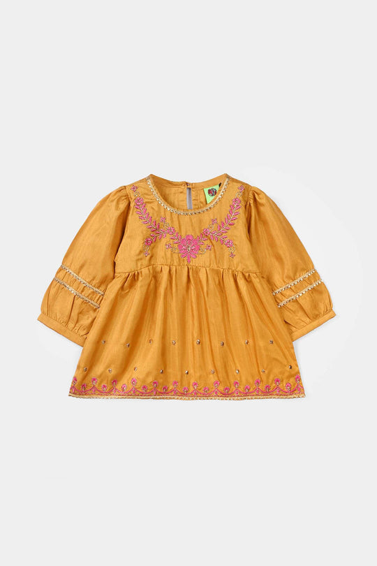 Infant Girls Raw Silk 2 Pcs Rani - Dark Mustard