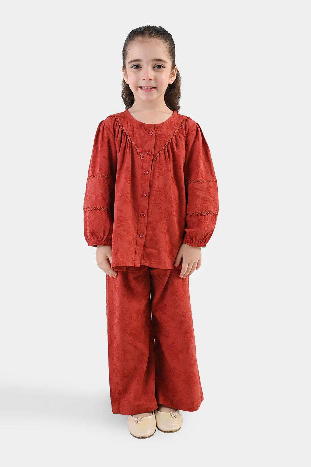 Girls Cotton Jacquard Co-Ord Set Haze - Red