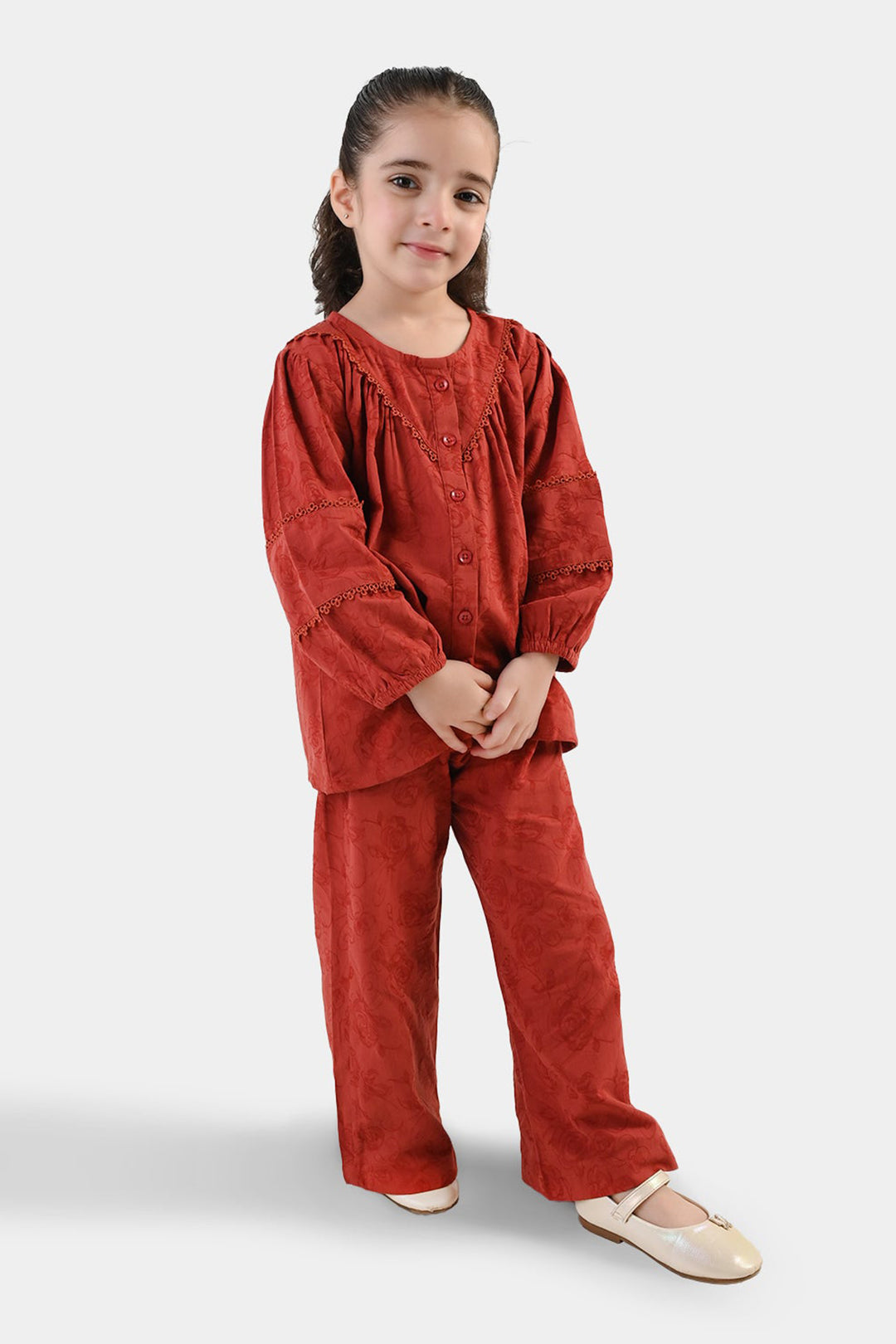 Girls Cotton Jacquard Co-Ord Set Haze - Red