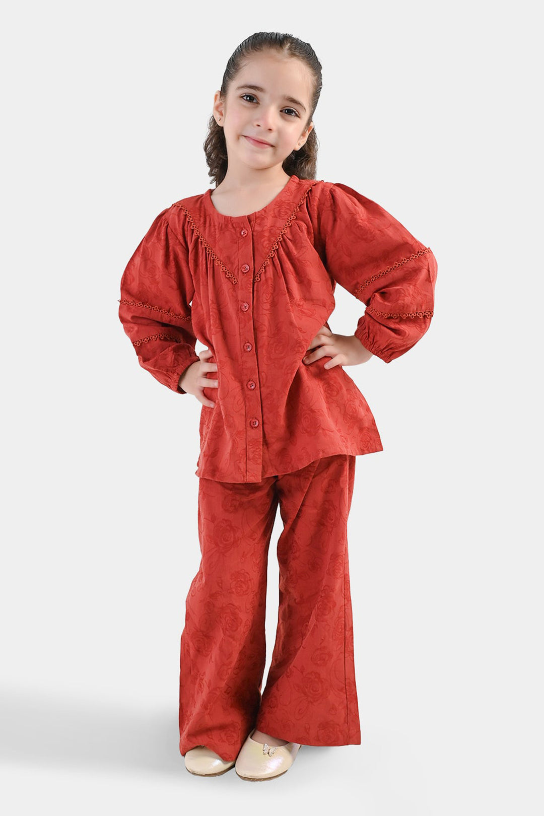 Girls Cotton Jacquard Co-Ord Set Haze - Red