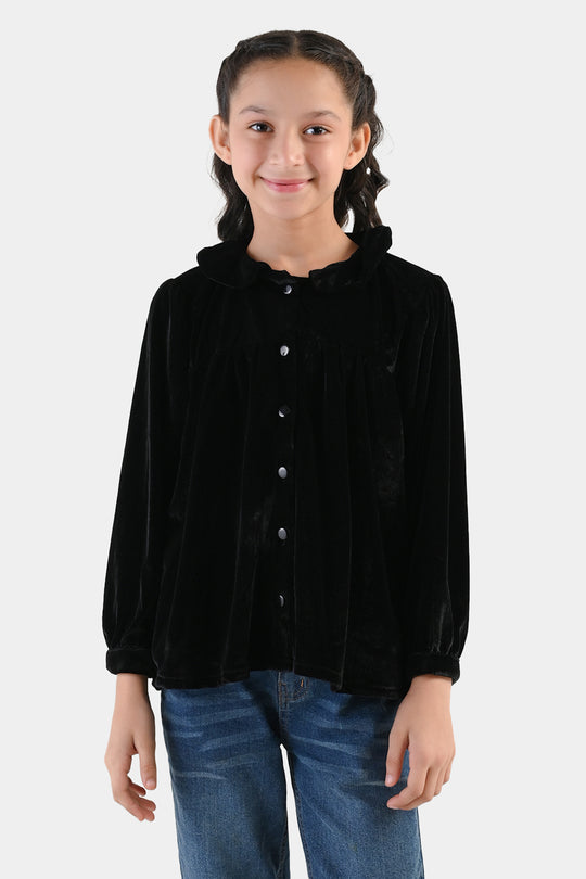 Girls Velvet Casual Top Shimmer-BLACK