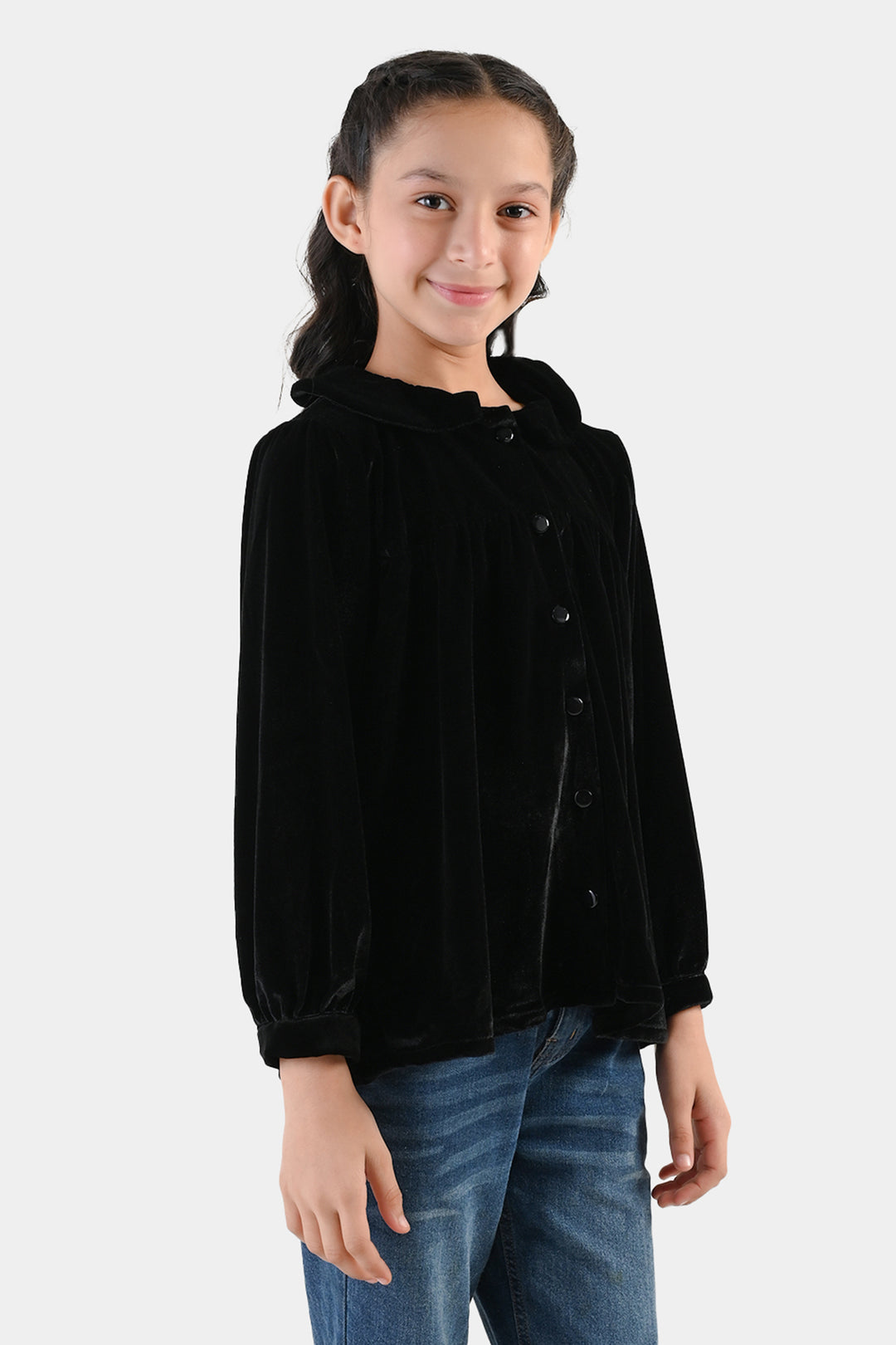 Girls Velvet Casual Top Shimmer-BLACK