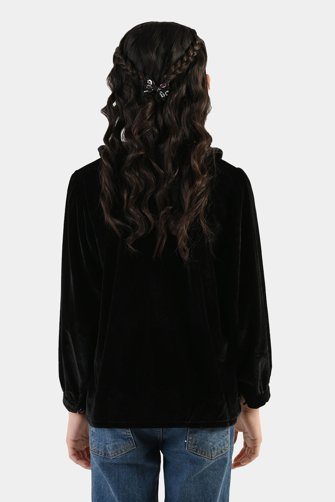 Girls Velvet Casual Top Shimmer-BLACK