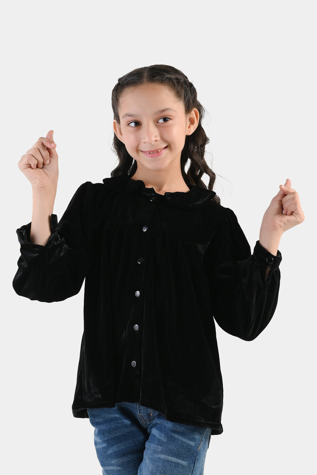 Girls Velvet Casual Top Shimmer-BLACK