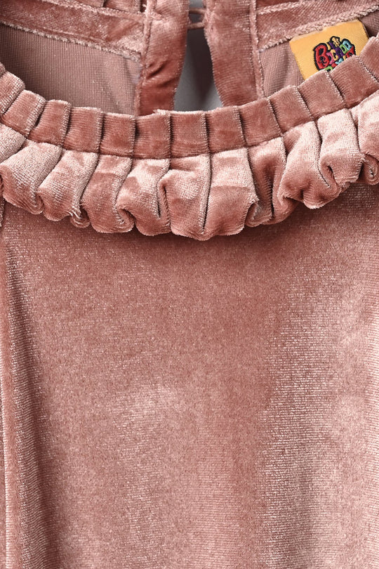 Girls Velvet Casual Frock Birdy-Muted Pink