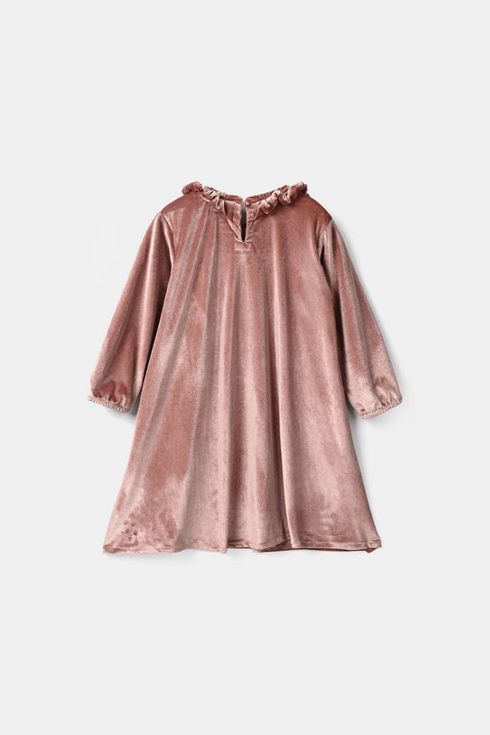 Girls Velvet Casual Frock Birdy-Muted Pink