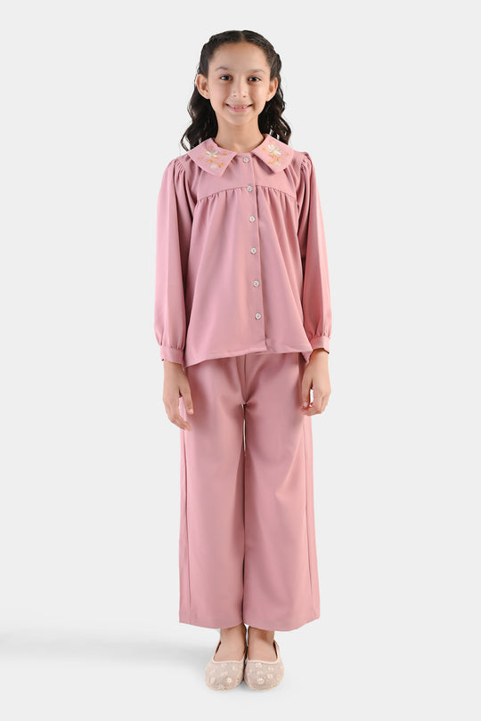 Girls Cotton Twill Emb Co-Ord Set Blush - Light Pink