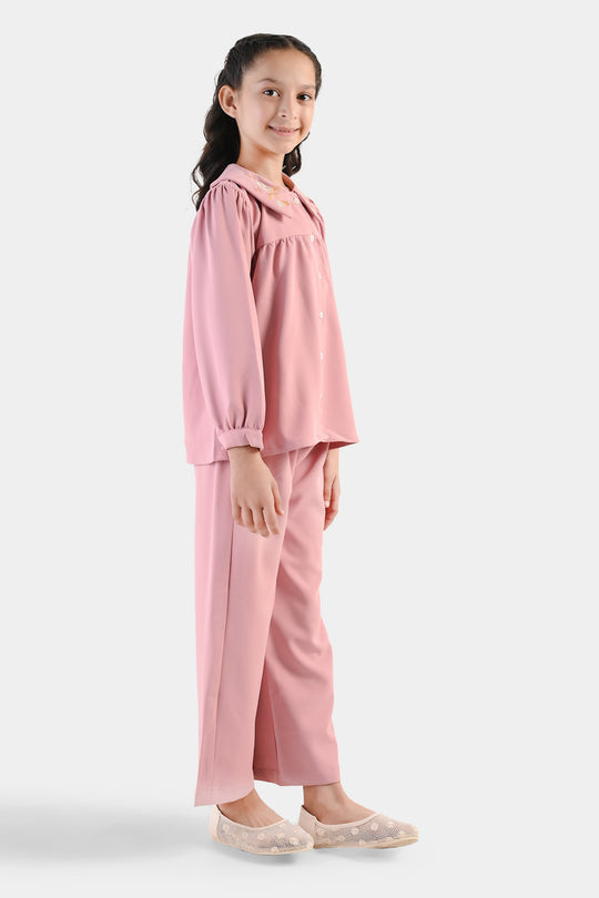 Girls Cotton Twill Emb Co-Ord Set Blush - Light Pink