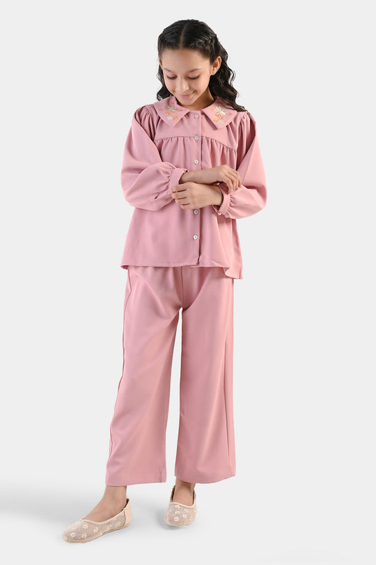 Girls Cotton Twill Emb Co-Ord Set Blush - Light Pink