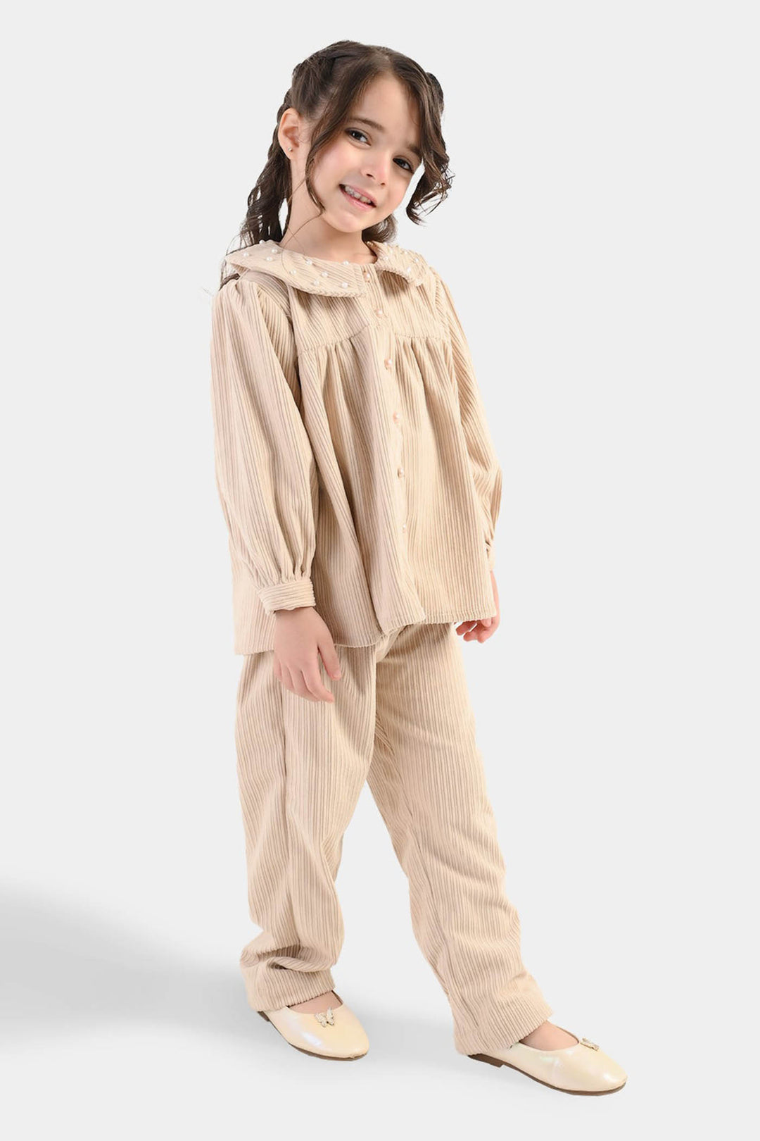 Girls Gauze Co-Ord Set Swan-BEIGE
