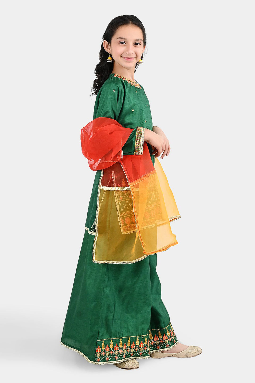 Girls Raw Silk 3Pcs Maha Rani-Green