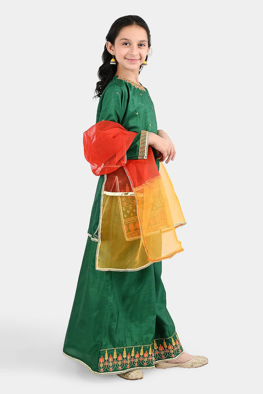 Girls Raw Silk 3Pcs Maha Rani-Green