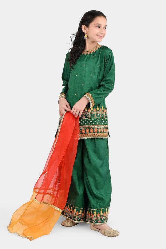 Girls Raw Silk 3Pcs Maha Rani-Green