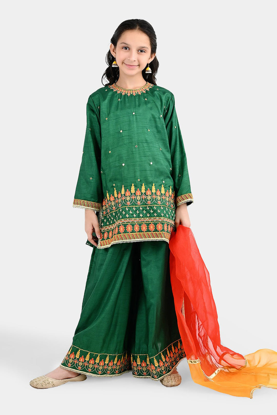 Girls Raw Silk 3Pcs Maha Rani-Green