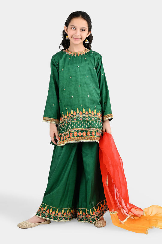 Girls Raw Silk 3Pcs Maha Rani-Green