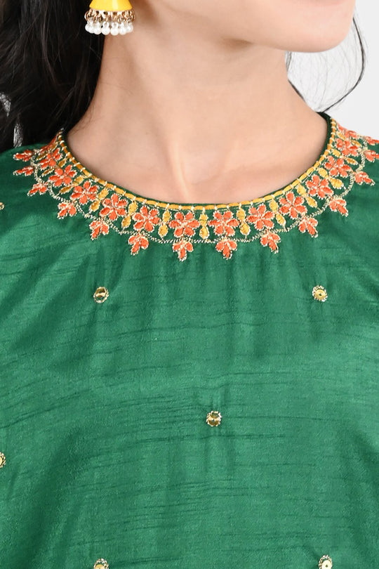 Girls Raw Silk 3Pcs Maha Rani-Green