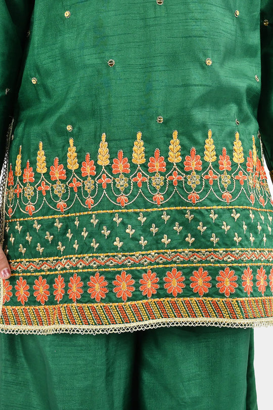 Girls Raw Silk 3Pcs Maha Rani-Green