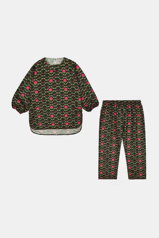 Girls Poly Lawn Ind 2Pcs Pink Flower-Green