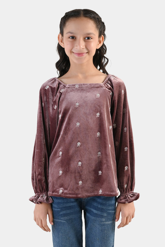Girls Velvet Emb Top Winter Garden - Purple