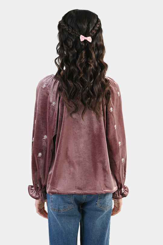 Girls Velvet Emb Top Winter Garden - Purple