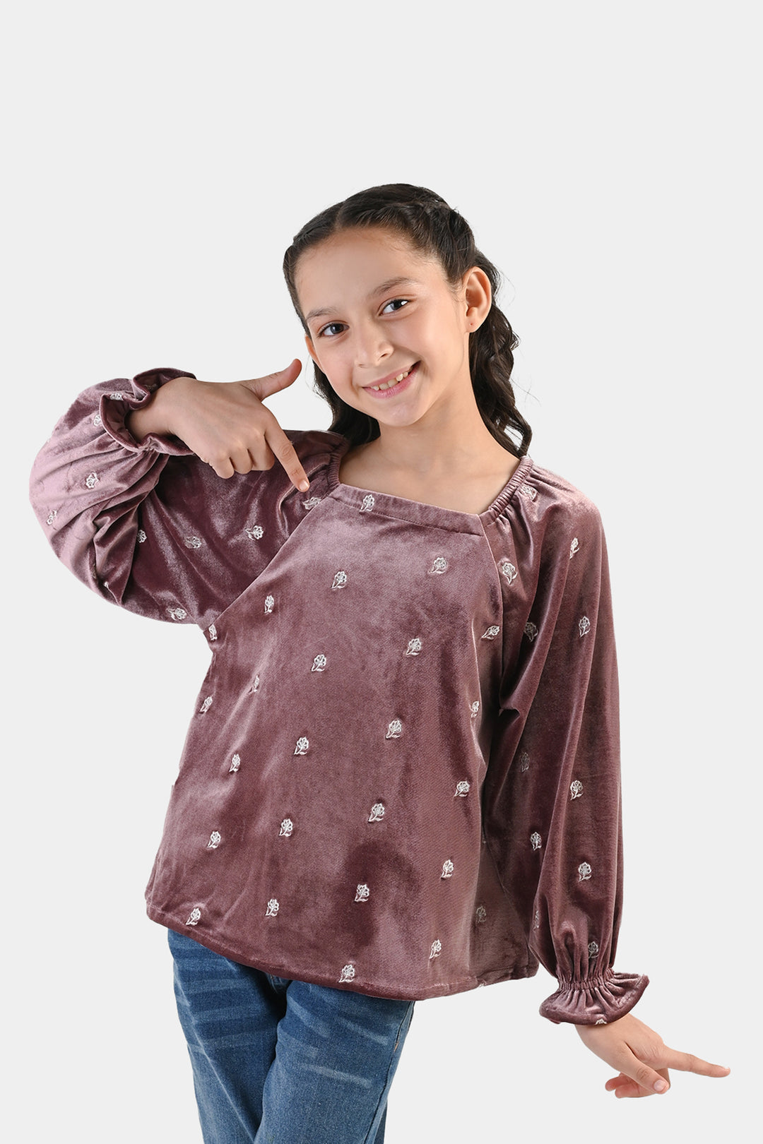 Girls Velvet Emb Top Winter Garden - Purple
