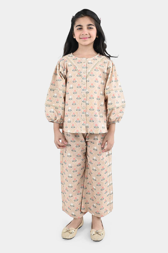 Girls Polyester Co-Ord Set Mosaic-Lt.Brown