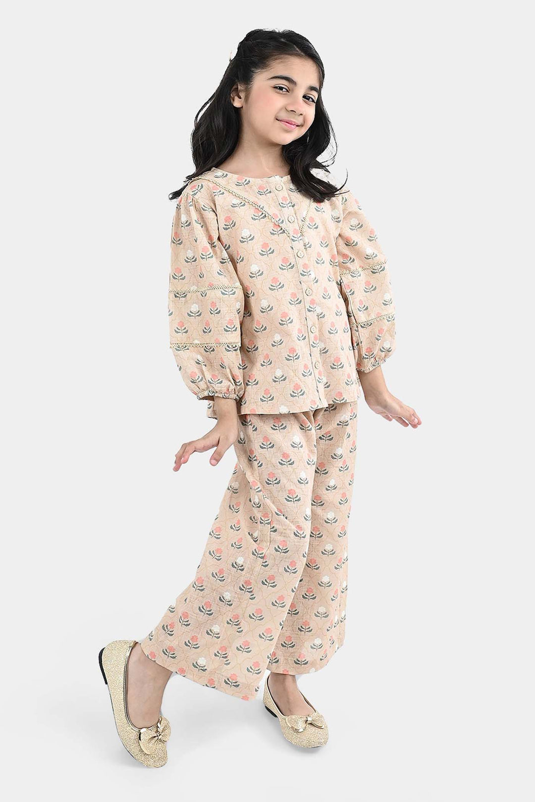 Girls Polyester Co-Ord Set Mosaic-Lt.Brown