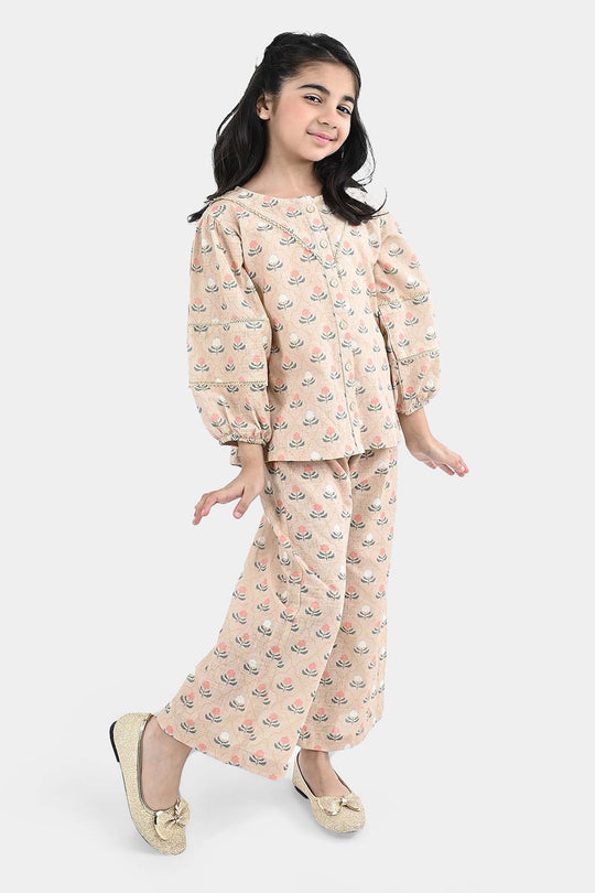 Girls Polyester Co-Ord Set Mosaic-Lt.Brown