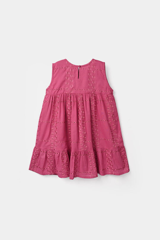 Girls Chicken Kari Emb Frock Daisy-Pink