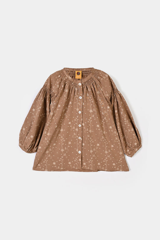Girls Poly Cotton Casual Top Tiny Floral - Brown