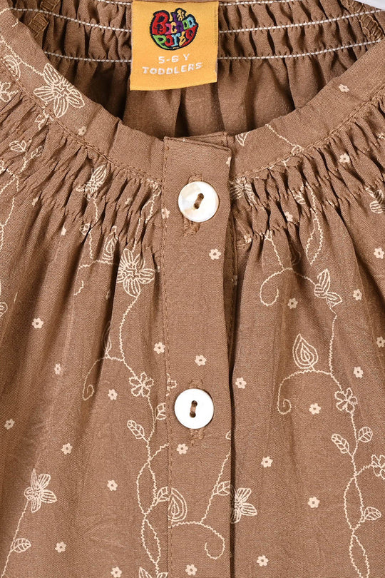 Girls Poly Cotton Casual Top Tiny Floral - Brown