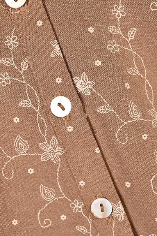 Girls Poly Cotton Casual Top Tiny Floral - Brown