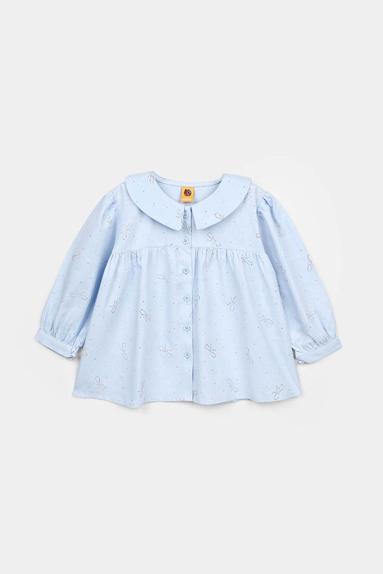 Girls Poly Cotton Casual Top Sequins - Ice Blue